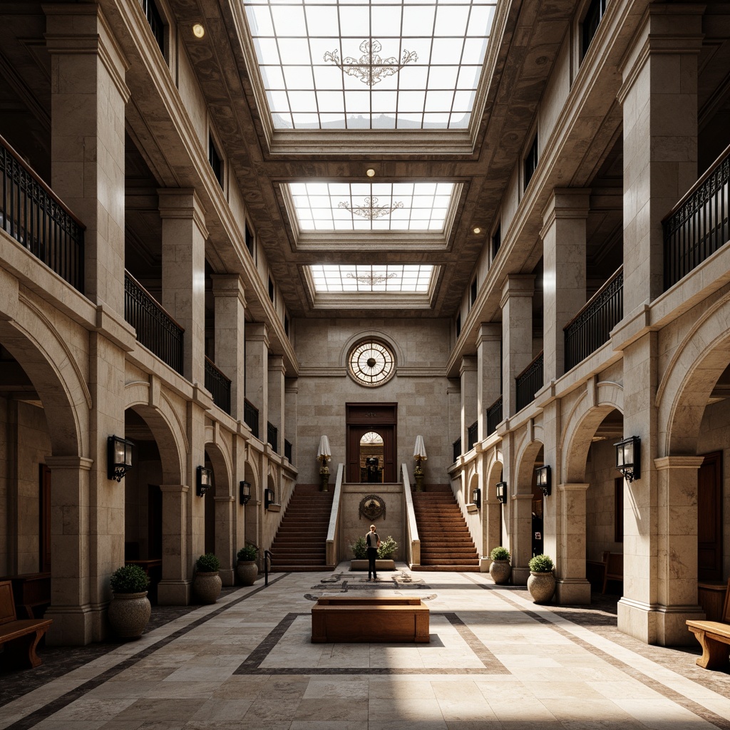 Prompt: Historic courthouse building, neoclassical architecture, granite stone walls, limestone columns, ornate metalwork details, wooden benches, polished marble floors, rich wood paneling, stained glass ceilings, decorative plaster moldings, grand staircases, high ceilings, natural light pouring in, soft warm illumination, subtle color palette, symmetrical composition, classical proportions, realistic textures, ambient occlusion.