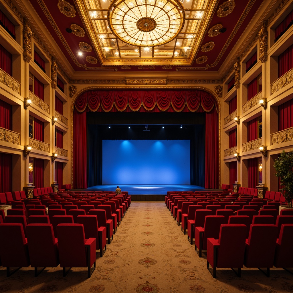 Prompt: Elegant theater interior, rich velvet curtains, golden lighting fixtures, ornate plasterwork, luxurious seating areas, crimson red accent walls, deep blue stage drapes, warm beige flooring, subtle patterned carpets, dramatic spotlights, soft diffused ceiling lights, 3/4 composition, atmospheric misting effects, grandiose chandeliers, opulent decorative details, refined metallic accents, sophisticated audience seats.