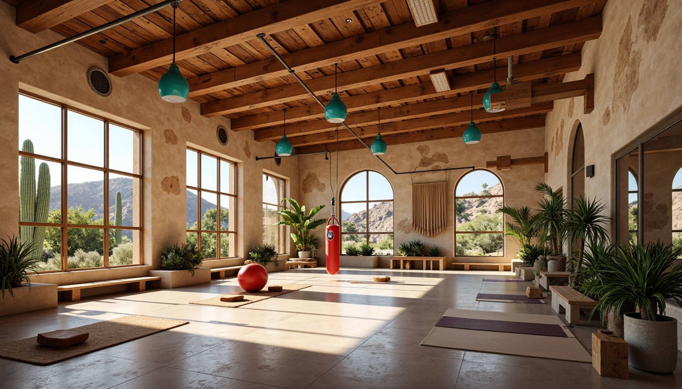 Prompt: Southwestern-style gymnasium, warm earthy tones, adobe-inspired architecture, natural stone walls, wooden beam ceilings, large windows, clerestory lighting, vibrant turquoise accents, rustic metal fixtures, desert landscape views, cactus plants, hot sunny day, clear blue sky, high-intensity fitness area, suspended boxing rings, mirrored walls, free weights stations, yoga mats, ambient warm lighting, soft shadows, 1/2 composition, realistic textures, subtle glow effects.