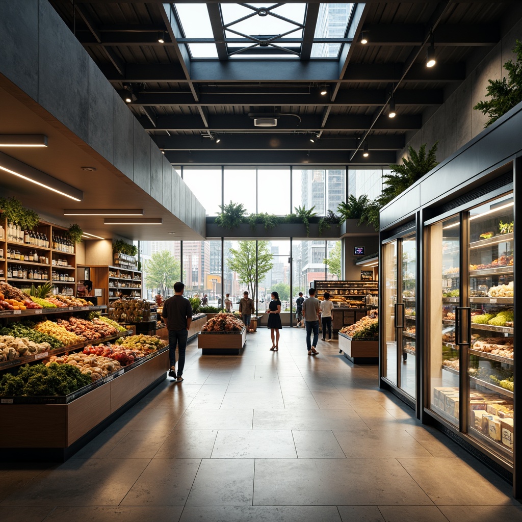 Prompt: Modern grocery store interior, sleek streamline design, high ceilings, polished concrete floors, minimalist shelving units, stainless steel refrigerators, warm LED lighting, soft ambient glow, accent spotlights, suspended linear light fixtures, natural daylight, clerestory windows, urban cityscape views, bustling shopping atmosphere, morning sunlight, subtle shadows, 1/2 composition, realistic reflections, detailed product textures.