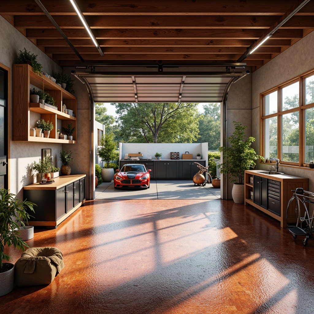 Prompt: Cozy family garage, epoxy resin flooring, glossy finish, durable material, resistant to oil stains, easy cleaning, non-slip texture, vibrant color options, industrial chic design, overhead storage racks, metal cabinets, tool benches, natural light, high ceilings, wooden accents, rustic charm, warm atmosphere, soft shadows, 1/1 composition, realistic textures.