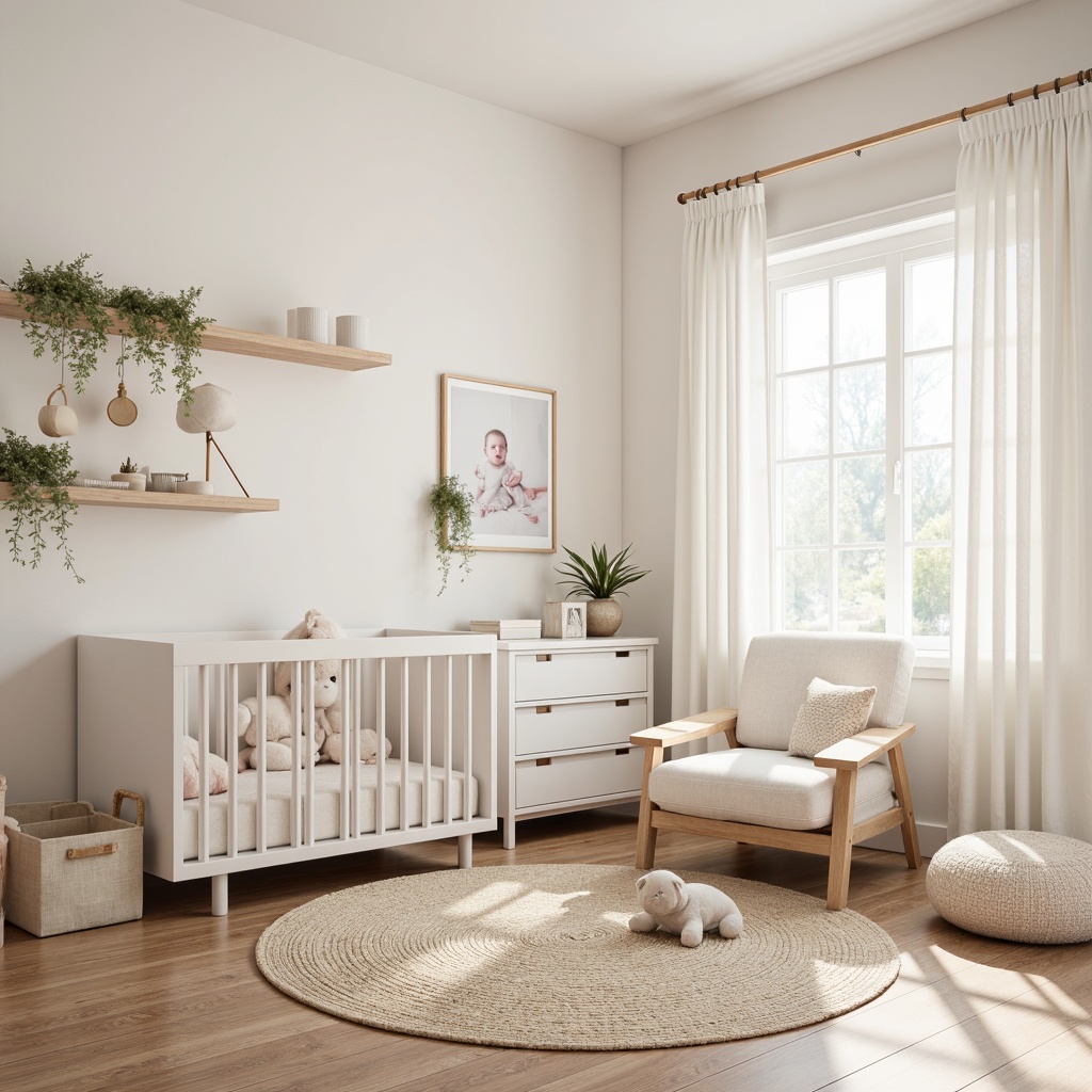 Prompt: Calm baby nursery, soft pastel colors, minimalist crib, white furniture, gentle textiles, subtle patterns, wooden accents, natural fibers, cozy area rug, warm lighting, creamy whites, beige tones, delicate mobiles, tender toys, framed family photos, simple shelves, modern rocking chair, soothing ambiance, shallow depth of field, 1/1 composition, soft focus, realistic textures.