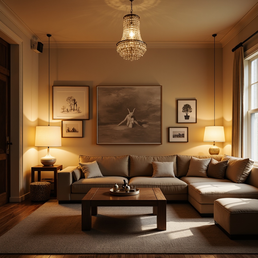 Prompt: Cozy living room, warm beige walls, plush velvet sofa, wooden coffee table, soft golden lighting, table lamps, floor lamps, pendant lights, crystal chandelier, warm white bulbs, dimmable switches, layered lighting effects, relaxing atmosphere, intimate gathering space, calming color palette, natural textiles, earthy tones, rustic wood accents, minimalist decor.