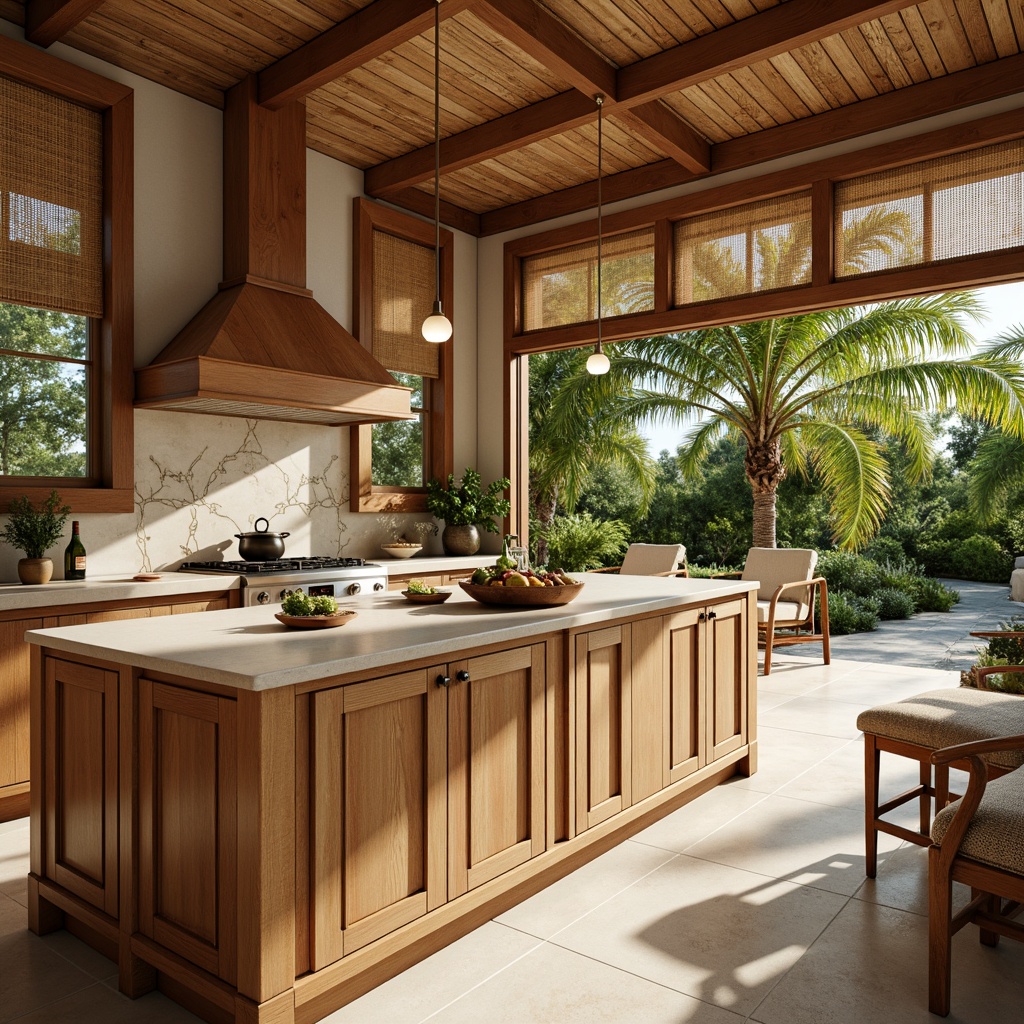 Prompt: Tropical kitchen, warm wooden cabinetry, natural grain textures, creamy white countertops, exotic island-inspired hardware, woven rattan doors, distressed wood finishes, earthy tone color palette, lush greenery, pendant lighting, woven fiber shades, bamboo accents, coral-inspired backsplash, ocean breeze ambiance, bright sunny day, soft warm lighting, 1/1 composition, realistic textures, ambient occlusion.