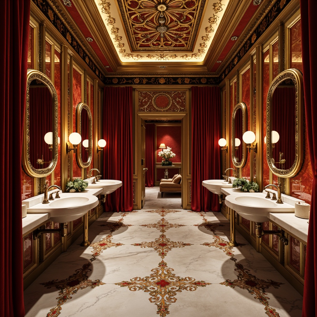 Prompt: Opulent powder room, lavish ornamentation, sinuous lines, flowing curves, organic motifs, jewel-toned colors, soft warm lighting, gilded accents, intricate moldings, ornate mirrors, velvet drapes, marble countertops, porcelain fixtures, Art Nouveau patterns, curved glass doors, polished bronze hardware, luxurious textiles, subtle fragrance, intimate atmosphere, shallow depth of field, 1/2 composition, warm color palette, high-contrast rendering.