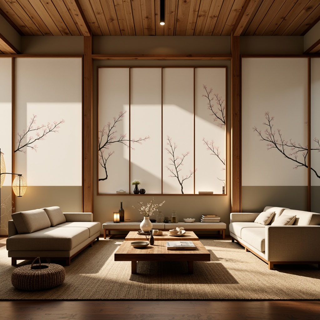 Prompt: Minimalist Asian-inspired living room, low-seating sofas, wooden coffee tables, paper lanterns, sliding shoji screens, natural fiber rugs, woven bamboo chairs, subtle cherry blossom patterns, warm beige walls, soft diffused lighting, 1/1 composition, intimate atmosphere, real wood textures, ambient shadows.