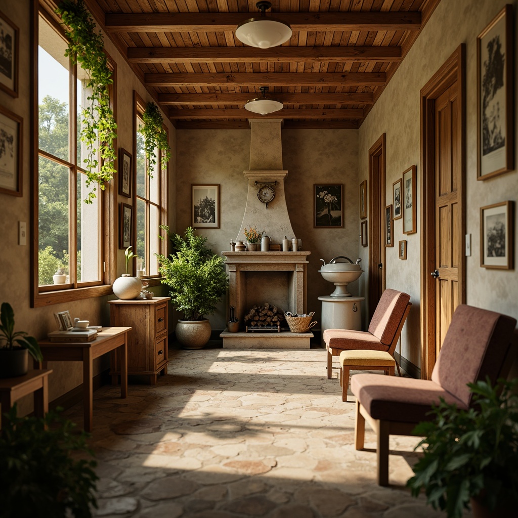 Prompt: Warm earthy tones, rich wood accents, comforting beige walls, soothing greenery, vintage medical equipment, distressed wooden furniture, natural stone flooring, cozy fireplaces, nostalgic decorative items, soft warm lighting, shallow depth of field, 1/1 composition, realistic textures, ambient occlusion.