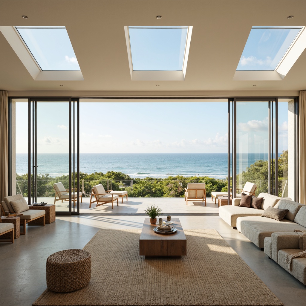 Prompt: Coastal living room, large windows, sliding glass doors, ocean views, natural textiles, woven fibers, driftwood accents, sea-inspired color palette, soft creamy whites, calming blues, sandy neutrals, reflective surfaces, metallic frames, minimalist decor, open floor plan, high ceilings, clerestory windows, skylights, sheer curtains, light-filtering blinds, warm sunny day, soft diffused lighting, 1/1 composition, panoramic view, realistic textures, ambient occlusion.