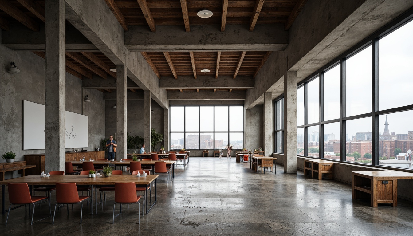 Prompt: Exposed concrete walls, raw wooden beams, industrial metal columns, brutalist architecture, minimalist classrooms, natural light pouring in, rough-textured stone floors, monochromatic color scheme, functional furniture, reclaimed wood accents, distressed finishes, urban landscape views, gritty cityscape, overcast daylight, high-contrast shadows, dramatic lighting, wide-angle lens, 2/3 composition, realistic materials, ambient occlusion.