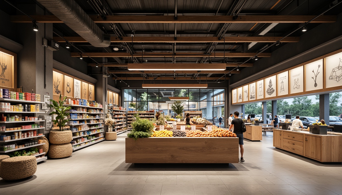 Prompt: Streamlined modern grocery store interior, minimalist shelving systems, industrial metal beams, polished concrete floors, neutral color palette, accent walls with geometric patterns, LED lighting strips, glass partitions, open ceiling designs, suspended decorative panels, minimalist signage, urban chic ambiance, 3/4 composition, shallow depth of field, soft warm lighting, realistic textures.