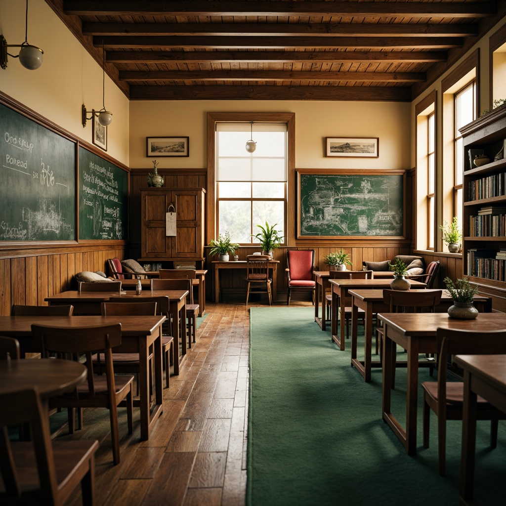 Prompt: Traditional wooden desks, vintage chairs, ornate lockers, classic blackboards, warm beige walls, rich wood flooring, cozy reading nooks, plush green carpets, soft warm lighting, shallow depth of field, 3/4 composition, realistic textures, ambient occlusion, spacious classrooms, high ceilings, large windows, natural stone accents, nostalgic educational decor, antique maps, vintage scientific instruments, rustic wooden shelves, distressed leather armchairs.