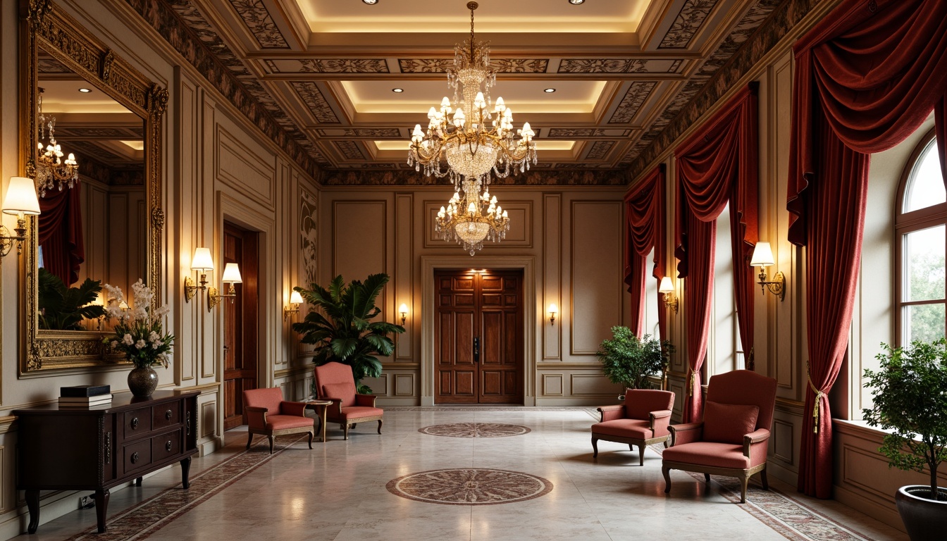 Prompt: Elegant mansion interior, high ceilings, ornate moldings, decorative cornices, lavish chandeliers, marble flooring, intricate inlays, luxurious fabrics, velvet drapes, gilded frames, ornamental mirrors, rich wood paneling, carved furnishings, neoclassical arches, subtle warm lighting, soft focus, shallow depth of field, 1/2 composition, realistic textures, ambient occlusion.