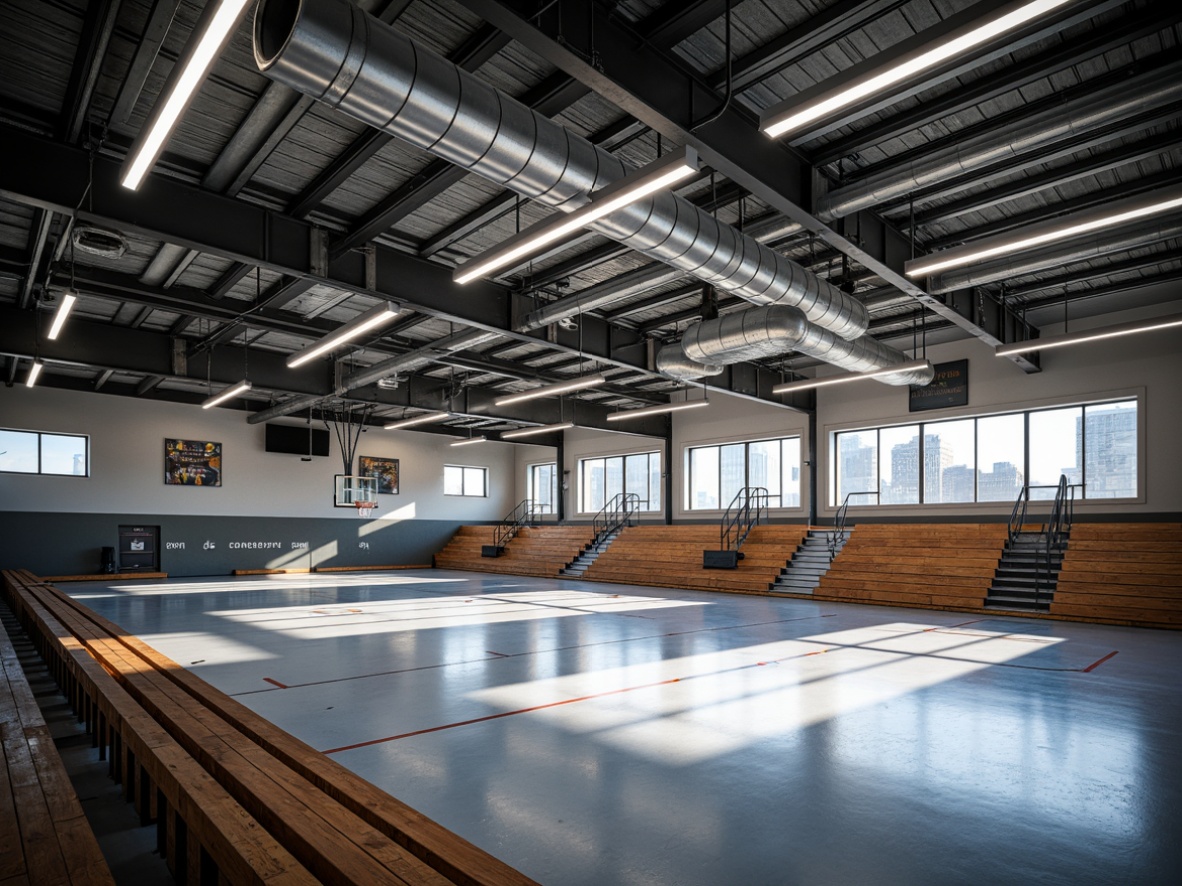 Prompt: Modern gymnasium interior, high ceilings, exposed ductwork, polished concrete floors, metallic beams, industrial-style lighting fixtures, suspended track lights, LED strips, basketball courts, sports equipment, athletic tracks, motivational quotes, sleek wooden bleachers, dynamic shadows, dramatic lighting effects, 1/1 composition, low-angle photography, realistic reflections, ambient occlusion.Let me know if you need any adjustments!