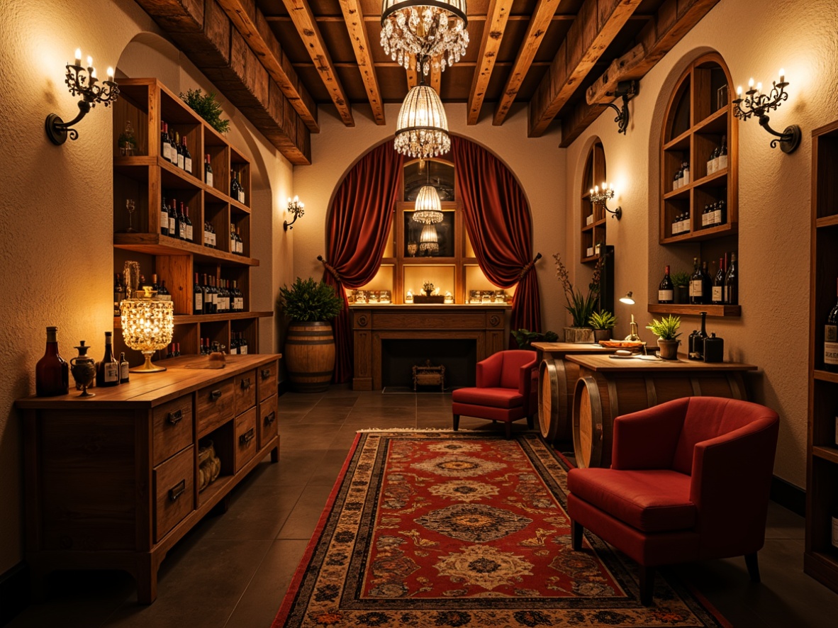 Prompt: Rustic wine cellar, distressed wooden crates, vintage wine barrels, soft warm candlelight, dimmable pendant lamps, wrought iron chandeliers, mercury glass pendants, crystal droplets, warm beige stone walls, reclaimed wood shelving, ornate metalwork, rich velvet drapes, luxurious plush carpets, intimate cozy atmosphere, low ceiling, rustic wooden beams, decorative wine racks, antique furniture pieces, distressed leather armchairs, soft golden lighting, 1/2 composition, warm color tone, shallow depth of field.