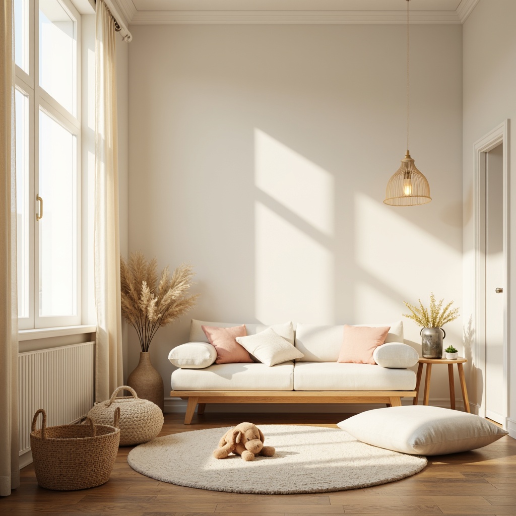 Prompt: Soft warm glow, creamy white walls, minimal furniture, clean lines, simple shapes, pastel colors, gentle LED lighting, floor lamps, table lamps, softbox lights, natural textiles, woven baskets, wooden accents, subtle patterns, calming atmosphere, cozy nook, plush toys, baby-friendly decor, serene ambiance, 1/1 composition, soft focus, warm color palette.