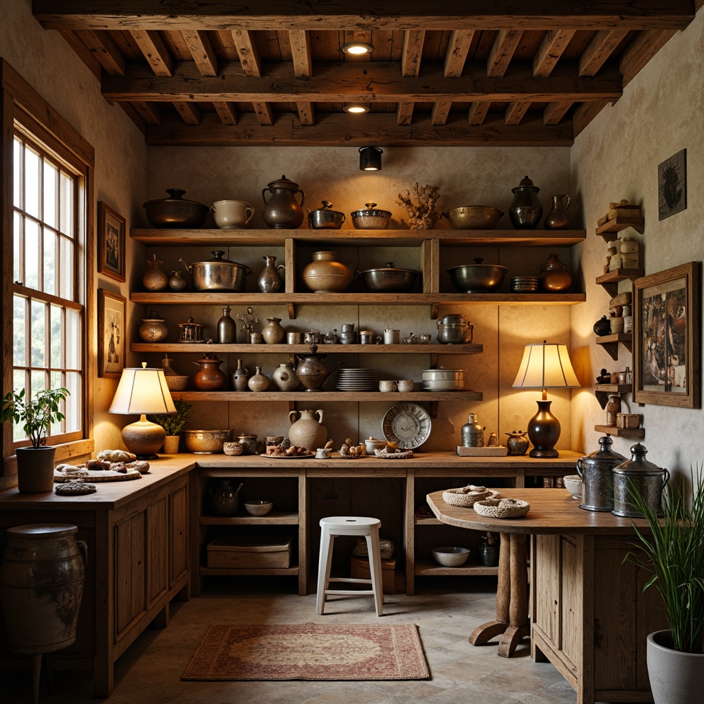 Prompt: Rustic French country storage room, distressed wood accents, vintage metalware, soft warm glow, table lamps, floor lamps, pendant lights, candles, lanterns, natural stone walls, earthy tones, warm beige colors, cozy atmosphere, softbox lighting, 1/1 composition, intimate focus, realistic textures, ambient occlusion.