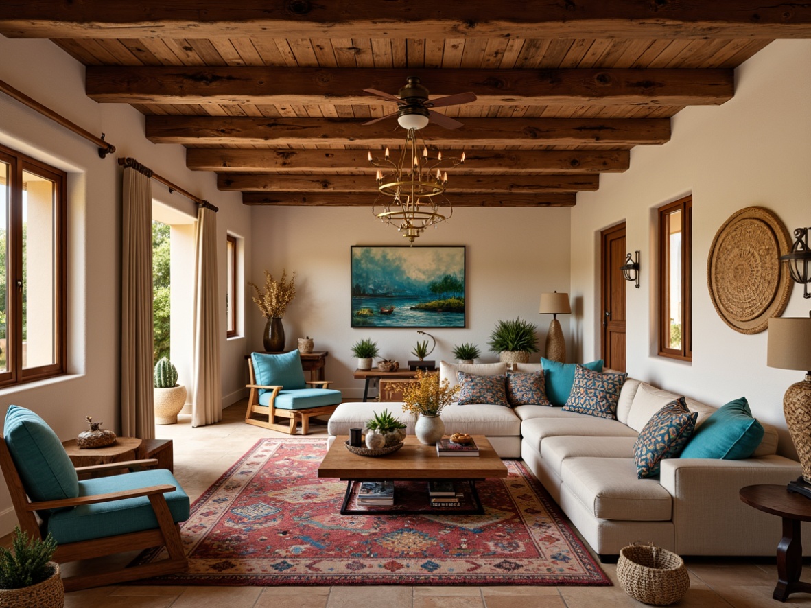 Prompt: Vibrant great room, southwestern decor, rustic wooden beams, earthy tone walls, plush sectional sofa, vibrant turquoise accents, natural fiber rugs, woven baskets, colorful kilim pillows, geometric patterned throws, statement lighting fixtures, wrought iron chandeliers, warm golden lamps, desert botanicals, potted cacti, Southwestern-inspired artwork, textured stucco walls, wooden ceiling fans, cozy reading nooks, soft warm lighting, shallow depth of field, 1/2 composition, realistic textures, ambient occlusion.