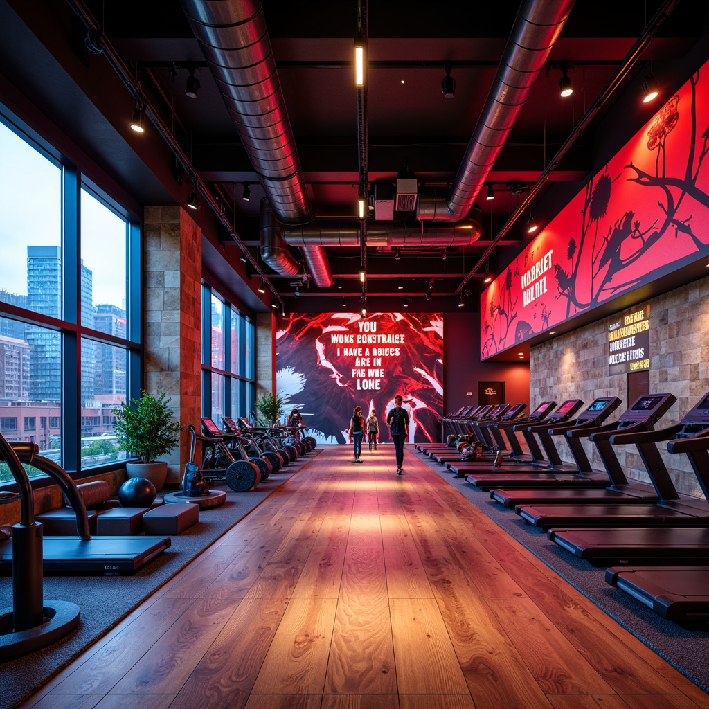 Prompt: Vibrant fitness club, energetic atmosphere, bold color scheme, bright neon lights, motivational quotes, sleek modern equipment, polished wooden floors, dynamic abstract patterns, high-contrast colors, intense red accents, calming blue tones, natural stone walls, urban cityscape views, morning sunlight, shallow depth of field, 2/3 composition, realistic textures, ambient occlusion.