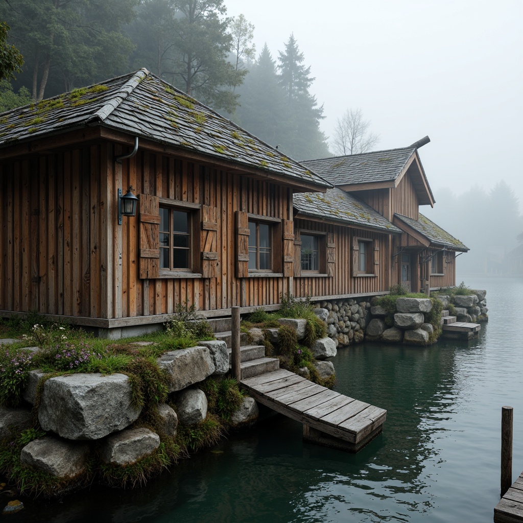 Prompt: Rustic boathouse, weathered wooden planks, distressed textures, natural stone foundations, moss-covered roofs, vintage nautical ropes, wooden dock pilings, serene lake views, misty morning atmosphere, warm soft lighting, shallow depth of field, 1/1 composition, realistic wood grain, ambient occlusion, earthy color palette, natural materials, organic shapes.