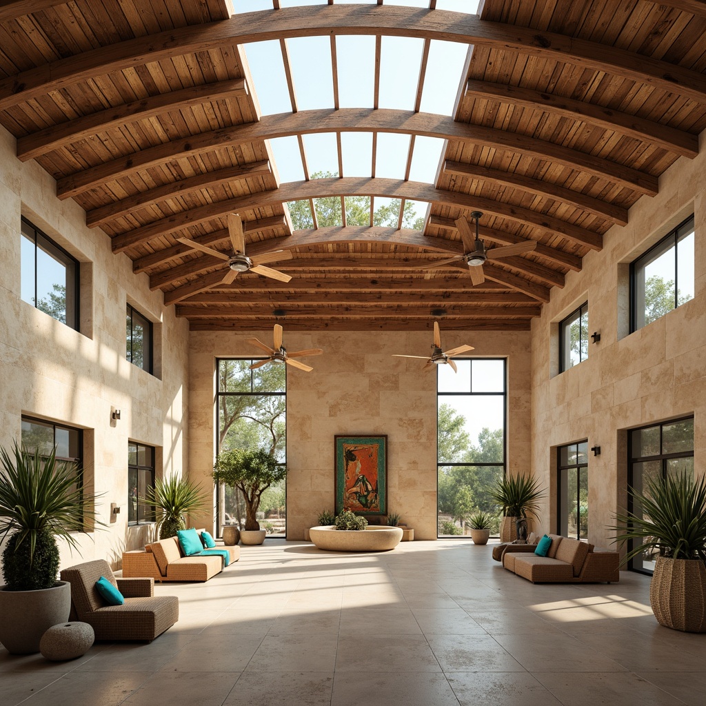 Prompt: Southwestern-style gymnasium, earthy tones, natural stone walls, reclaimed wood flooring, woven textiles, vibrant turquoise accents, desert-inspired plants, large skylights, abundant natural light, rustic metal beams, wooden ceiling fans, earth-toned concrete, organic shapes, curved lines, spacious open areas, minimal ornamentation, warm beige color palette, soft diffused lighting, 1/1 composition, realistic textures, ambient occlusion.