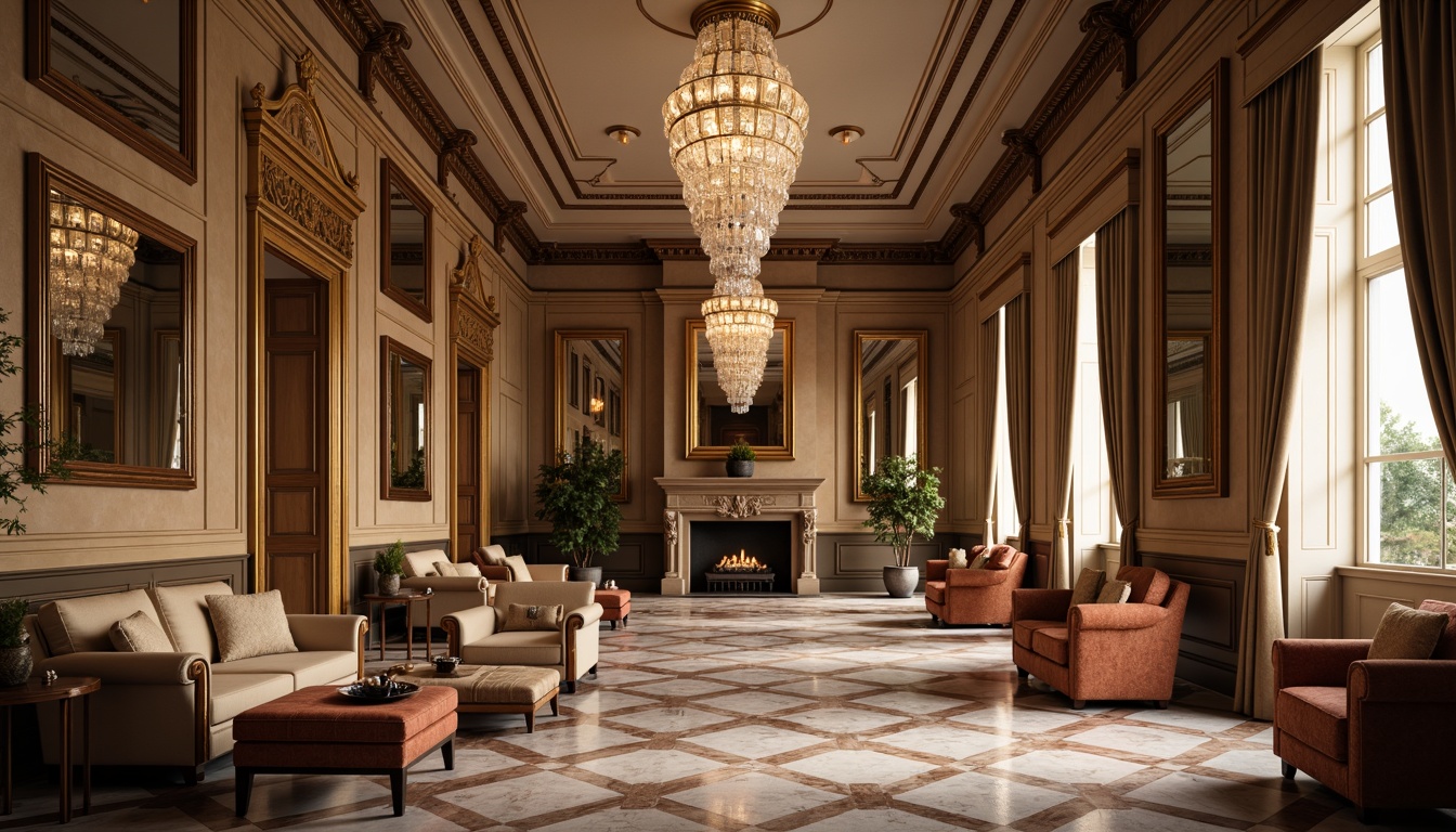 Prompt: Elegant neoclassical interior, ornate mirrors, carved wooden furniture, upholstered sofas, velvet drapes, crystal chandeliers, marble floors, gilded frames, classic columns, symmetrical composition, soft warm lighting, shallow depth of field, 1/1 aspect ratio, realistic textures, ambient occlusion.