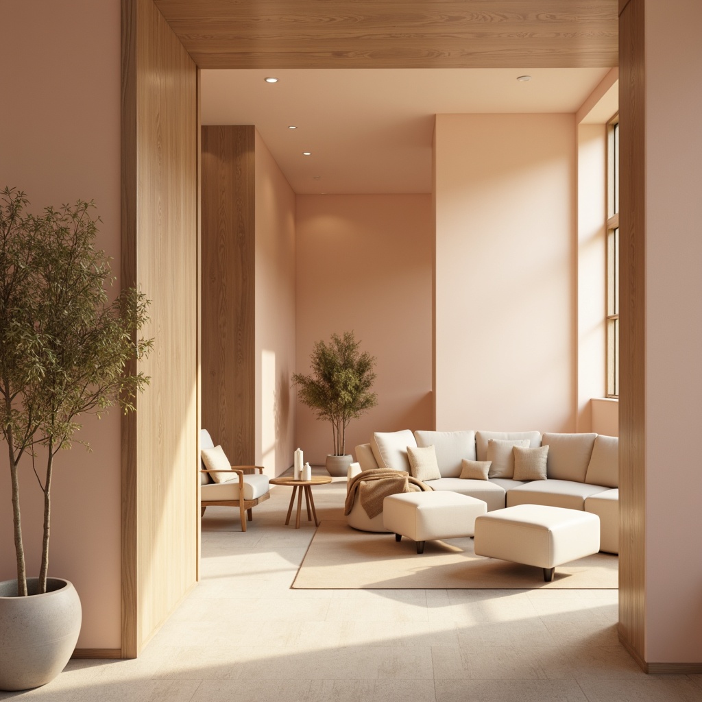 Prompt: Soft peach tones, creamy whites, warm beige, rich walnut wood accents, velvety smooth fabrics, elegant minimalist furniture, subtle golden lighting, serene atmosphere, natural textures, gentle color transitions, 1/2 composition, shallow depth of field, soft focus, calming ambiance.