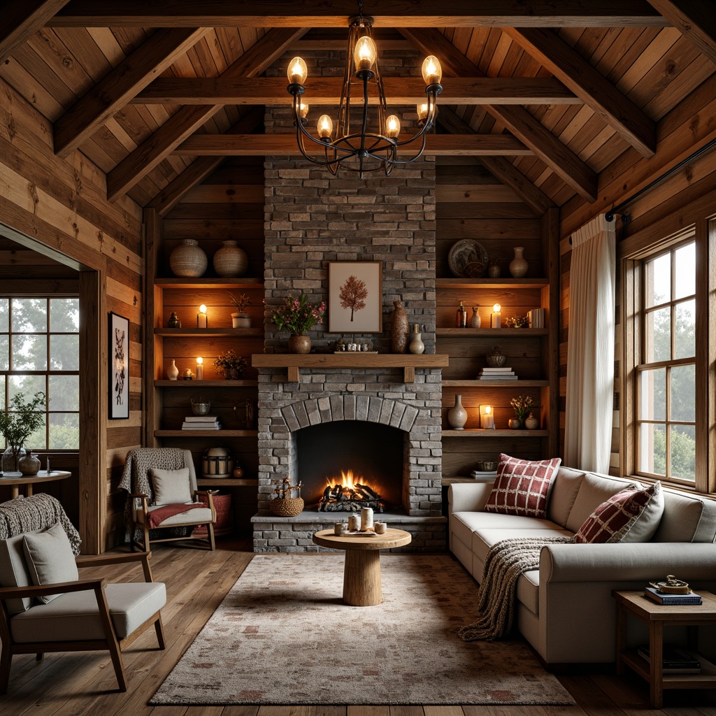 Prompt: Rustic cabin, wooden beams, distressed finishes, vintage decorations, warm candlelight, pendant lanterns, metal chandeliers, Edison bulbs, industrial pipes, reclaimed wood shelves, stone fireplace, cozy throw blankets, natural textiles, earthy color palette, soft warm lighting, shallow depth of field, 2/3 composition, realistic textures, ambient occlusion.