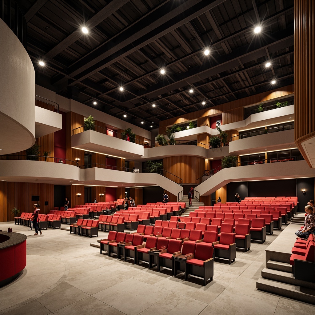 Prompt: Bauhaus-style auditorium, minimalist architecture, industrial materials, exposed ductwork, concrete floors, steel beams, geometric patterns, bold color accents, innovative seating layouts, curved rows, staggered chairs, cantilevered balconies, dynamic lighting systems, warm spotlights, dramatic shadows, 3/4 composition, low-angle view, realistic textures, ambient occlusion.