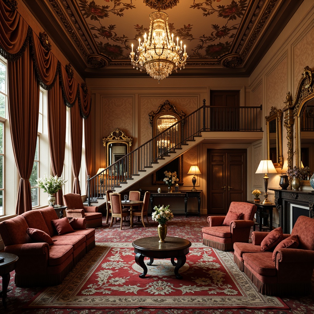 Prompt: Ornate chandeliers, luxurious velvet sofas, intricately carved wooden armchairs, gilded mirrors, ornamental vases, lavish drapery, richly patterned rugs, golden accents, Baroque-style cabinets, curved legs, scrolled woodwork, grandiose staircases, opulent tapestries, dramatic coved ceilings, warm candlelight, 1/1 composition, symmetrical framing, high-contrast lighting, realistic reflections.