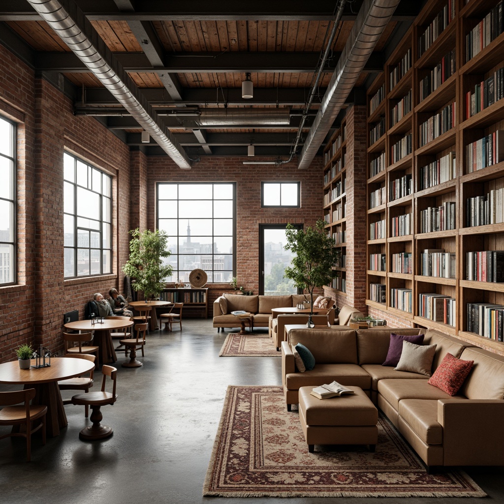 Prompt: Industrial chic loft, exposed brick walls, polished concrete floors, high ceilings, metal beams, wooden accents, modern academic atmosphere, cozy reading nooks, floor-to-ceiling bookshelves, vintage furniture, soft warm lighting, natural textures, earthy color palette, urban landscape views, cityscape background, atmospheric mist, shallow depth of field, 1/1 composition, realistic render, ambient occlusion.