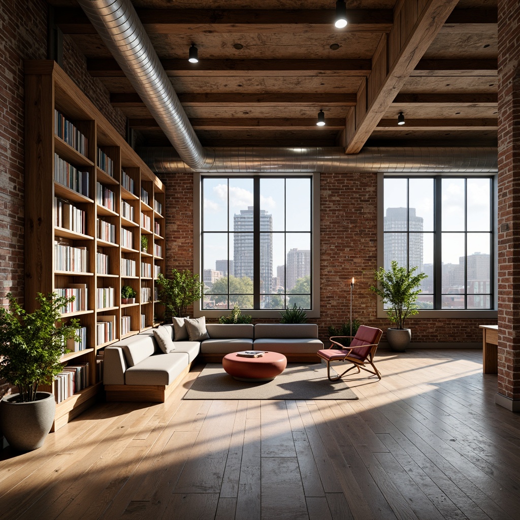 Prompt: Industrial chic loft, exposed brick walls, wooden beams, metal ductwork, reclaimed wood floors, minimalist decor, modern academic vibe, sleek lines, functional furniture, cozy reading nooks, floor-to-ceiling bookshelves, warm task lighting, soft natural textures, neutral color palette, urban cityscape views, sunny day, shallow depth of field, 3/4 composition, realistic ambient occlusion.