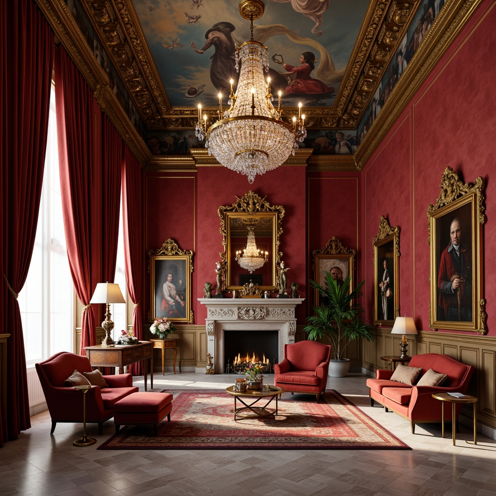 Prompt: Rich velvet drapes, ornate golden frames, lavish silk upholstery, intricately carved wooden furniture, opulent crystal chandeliers, majestic stone fireplaces, luxurious marble floors, grandiose ceiling murals, dramatic floor-to-ceiling curtains, regal crimson walls, sumptuous satin pillows, exquisite brocade fabrics, Baroque-style patterns, ornate gilded mirrors, soft warm lighting, shallow depth of field, 1/1 composition, realistic textures, ambient occlusion.