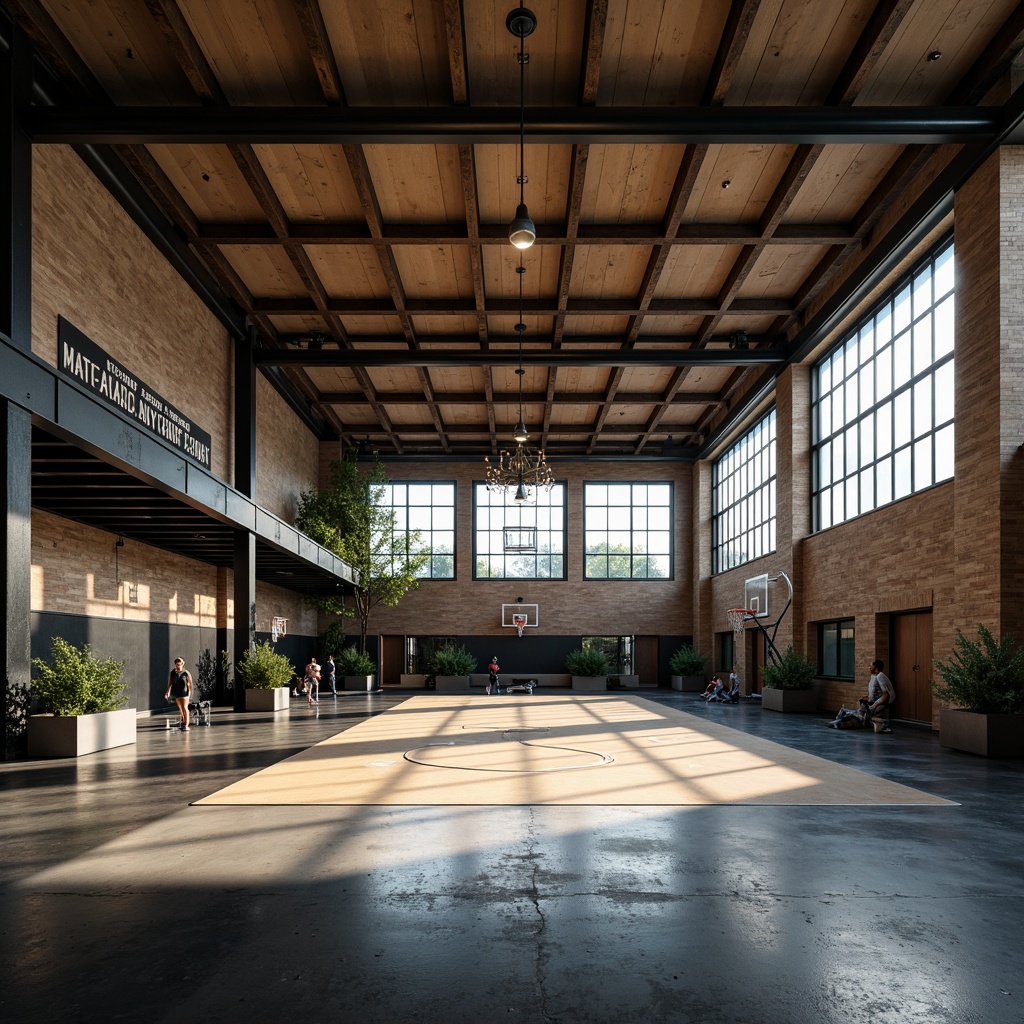 Prompt: Rustic gymnasium, exposed steel beams, industrial-chic aesthetic, polished concrete floors, metallic accents, reclaimed wood walls, functional fitness equipment, motivational quotes, athletic tracks, basketball courts, natural light pouring in, large windows, minimalist decor, urban feel, dramatic shadows, high-contrast lighting, cinematic atmosphere, 1/2 composition, low-angle shot, gritty textures, realistic rendering.