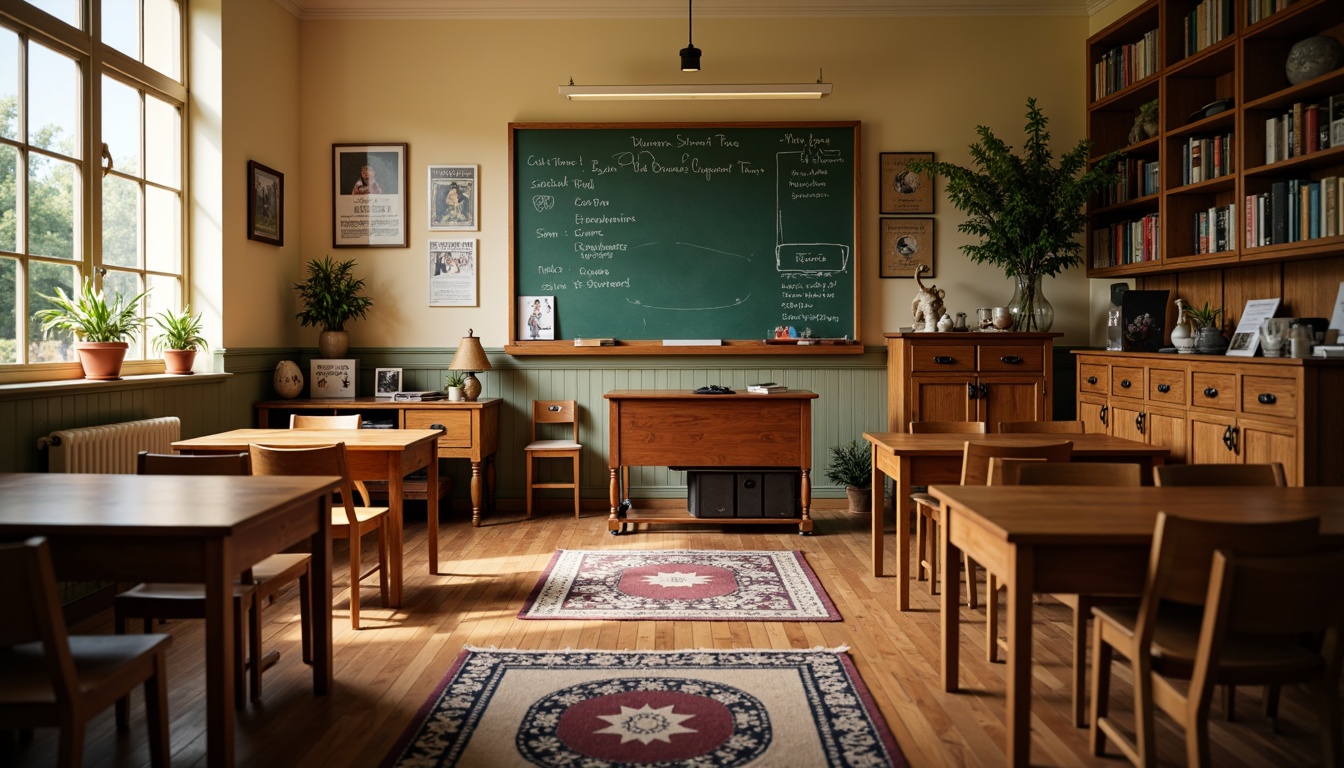 Prompt: Traditional classroom setting, wooden desks, comfortable chairs, vintage chalkboard, educational posters, warm beige walls, hardwood floors, soft natural lighting, cozy reading nook, plush area rugs, antique bookshelves, ornate wooden cabinets, classic teacher's desk, nostalgic atmosphere, shallow depth of field, 1/2 composition, realistic textures, ambient occlusion.