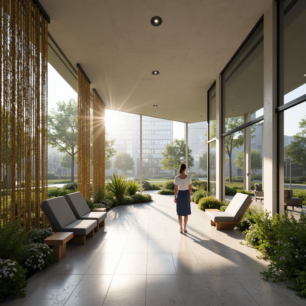 Prompt: Minimalist rehabilitation center, calming atmosphere, natural light, sleek lines, monochromatic color scheme, polished concrete floors, modular furniture, adaptive equipment, open floor plans, sliding glass doors, abundant greenery, vertical gardens, soft warm lighting, shallow depth of field, 1/1 composition, panoramic view, realistic textures, ambient occlusion.