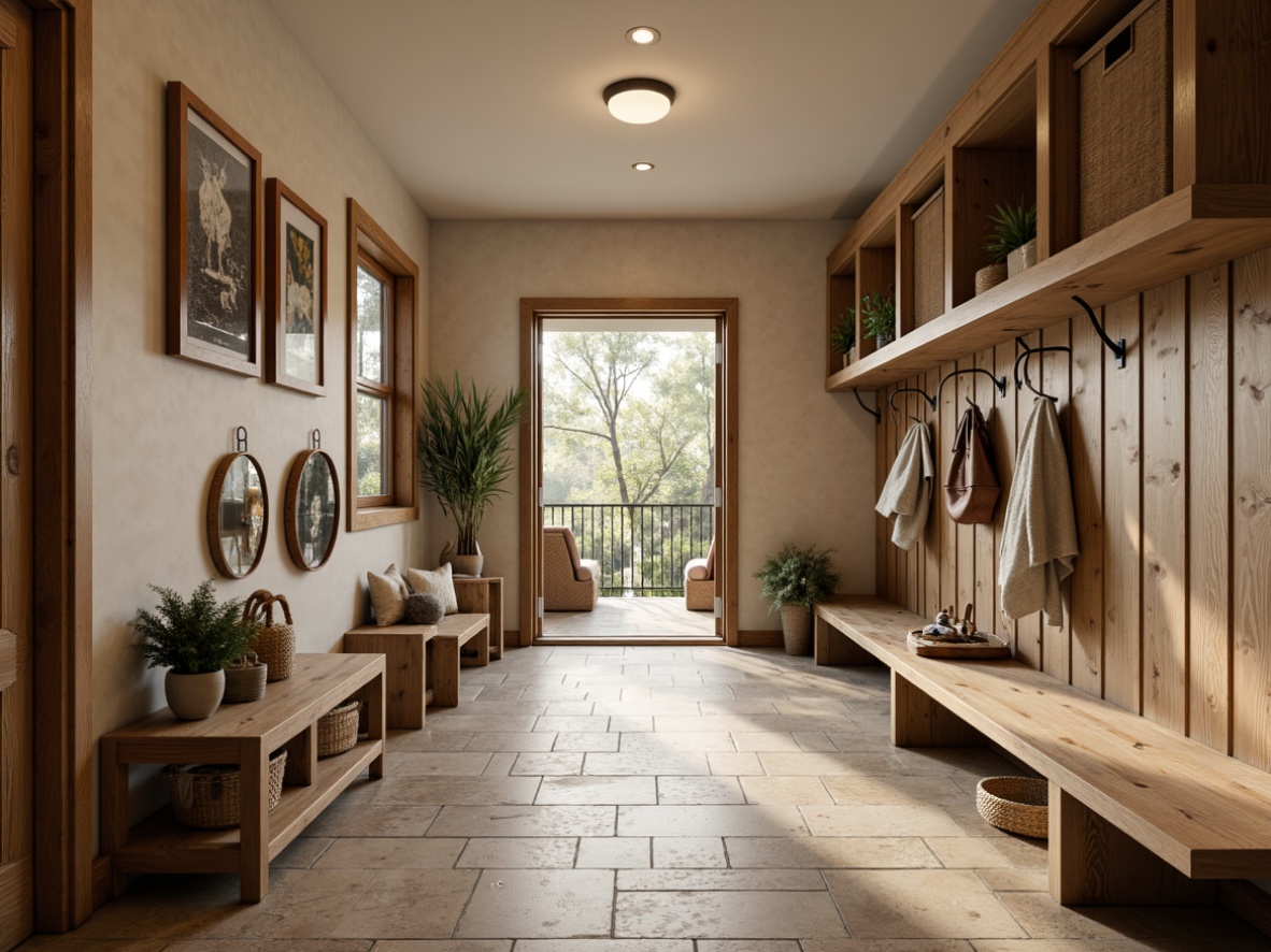 Prompt: Rustic mudroom, earthy tones, natural textures, water-resistant flooring, durable materials, easy-to-clean surfaces, stone-like patterns, warm beige colors, wooden accents, metal decorative frames, modern farmhouse style, functional layout, ample storage space, bench seating, hooks for hanging, soft warm lighting, shallow depth of field, 1/2 composition, realistic reflections.