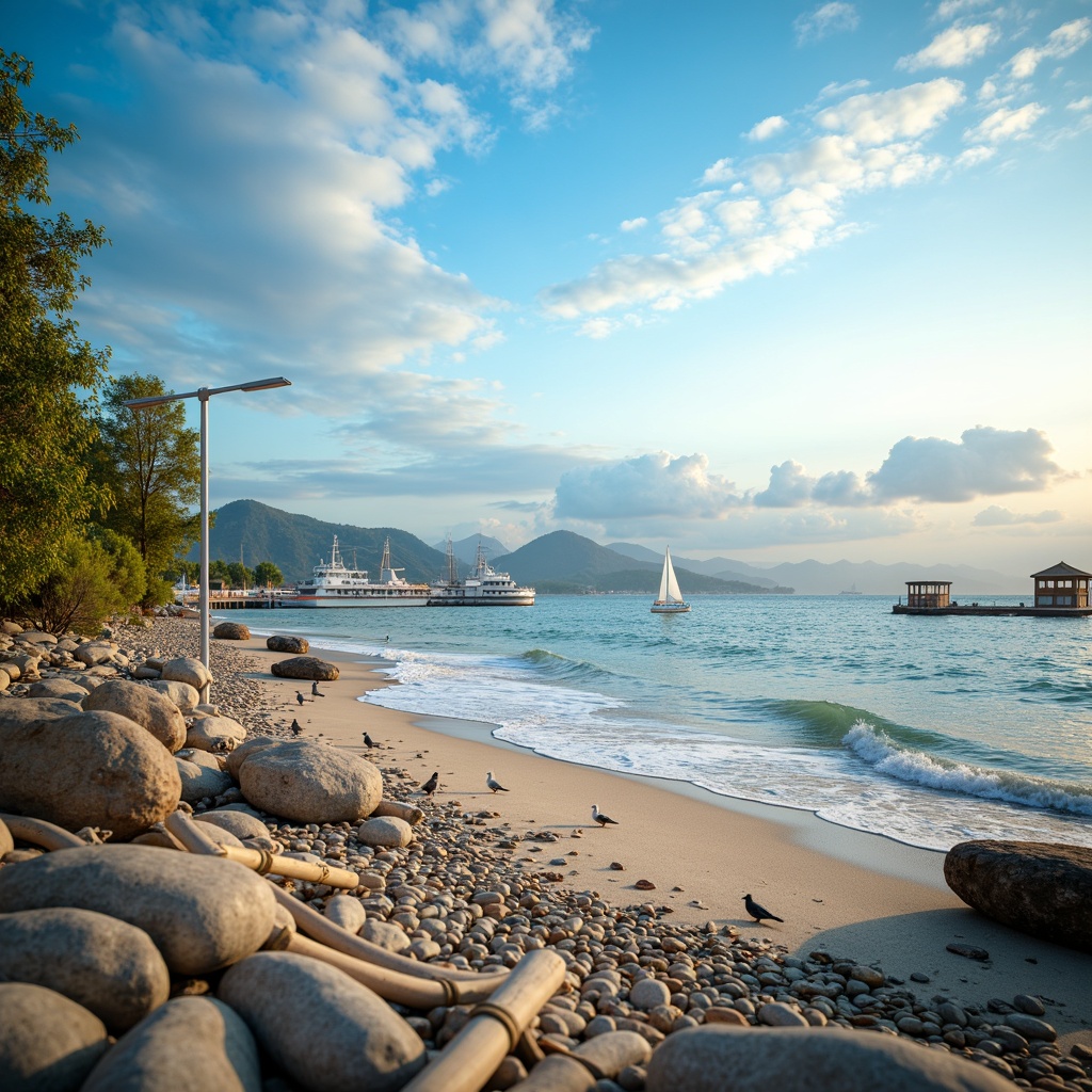 Prompt: Soaring azure skies, gentle cloud formations, serene ocean waves, beachside pebbles, weathered driftwood, soft creamy sand, calming misty atmosphere, peaceful seagulls, sailboats in distance, nautical ropes, faded wooden docks, rustic lanterns, warm golden lighting, shallow depth of field, 1/1 composition, realistic water textures, ambient occlusion.