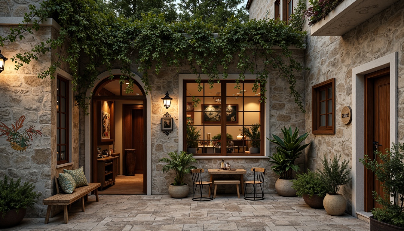 Prompt: Rustic stone walls, ivy-covered facades, wooden accents, distressed finishes, earthy color palette, natural textures, organic patterns, botanical motifs, whimsical murals, eclectic decorative elements, cozy nooks, inviting archways, ornate metalwork, vintage-inspired signage, soft warm lighting, shallow depth of field, 1/2 composition, intimate atmosphere, realistic renderings, ambient occlusion.