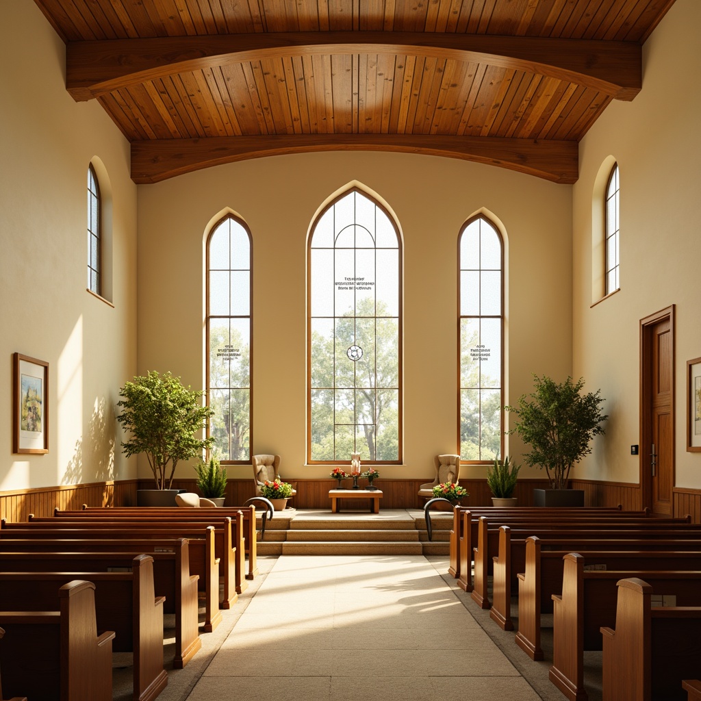 Prompt: Soothing chapel interior, warm golden lighting, soft cream walls, rich wood accents, elegant stained glass windows, serene ambiance, peaceful atmosphere, subtle earth tones, natural stone floors, calm blue hues, gentle arches, minimalist decor, simple yet elegant furnishings, comfortable pews, inspiring quotes, calming water features, lush greenery, vibrant flowers, warm beige carpeting, soft instrumental music, shallow depth of field, 3/4 composition, realistic textures, ambient occlusion.