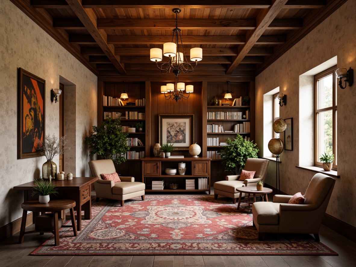 Prompt: Rustic wood accents, classic stone walls, warm beige tones, elegant chandeliers, pendant lamps, cozy reading nooks, floor-to-ceiling bookshelves, comfortable leather armchairs, ornate wooden desks, vintage globe decorations, richly patterned rugs, soft warm lighting, shallow depth of field, 1/1 composition, realistic textures, ambient occlusion.