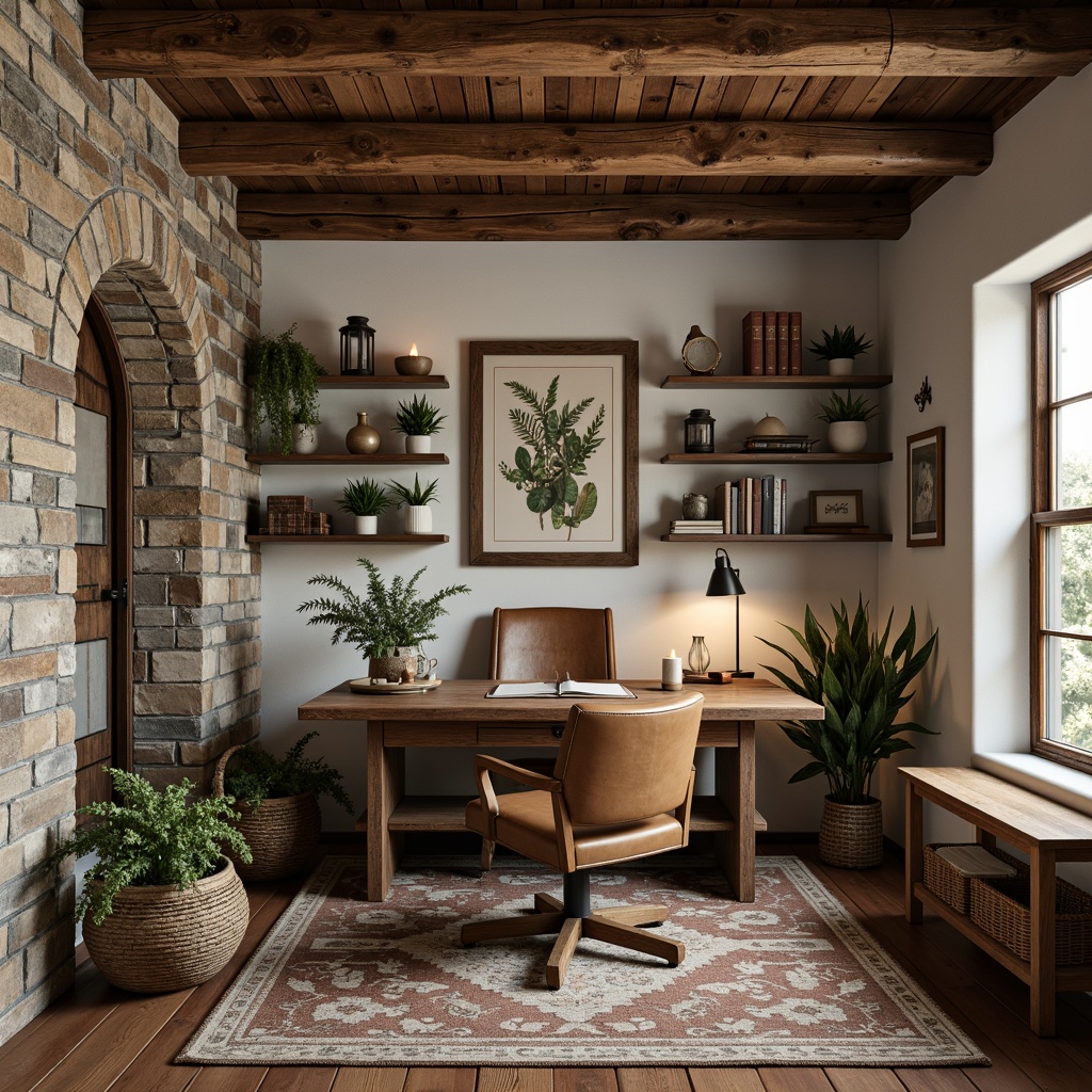 Prompt: Rustic home office, wooden desk, vintage chair, distressed finishes, earthy tones, natural textiles, woven baskets, potted plants, stone walls, exposed beams, reclaimed wood shelves, metal lanterns, candles, warm soft lighting, cozy atmosphere, nature-inspired artwork, botanical prints, leather-bound books, antique decorative items, worn rugs, comfortable reading nook, peaceful ambiance.