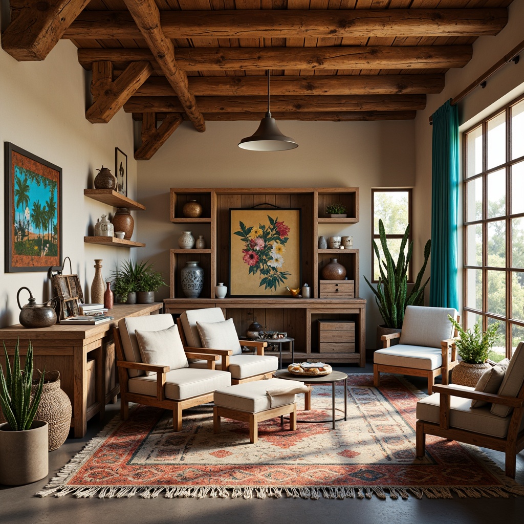 Prompt: Vibrant turquoise accents, natural wood tones, woven textiles, earthy ceramics, rustic metal frames, comfortable plush armchairs, wooden workbenches, colorful Navajo-inspired patterns, warm soft lighting, cozy reading nooks, rich leather-bound tomes, eclectic decorative artifacts, open shelving units, distressed wooden crates, woven baskets, potted cacti, sunny desert views, warm earthy colors.