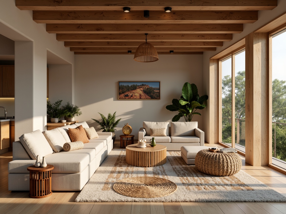 Prompt: Cozy living room, natural wood accents, light oak flooring, rustic wooden beams, woven rattan furniture, earthy color palette, soft warm lighting, textured throw blankets, plush area rugs, minimalist decor, nature-inspired patterns, organic shapes, calm atmosphere, 1/1 composition, shallow depth of field, realistic textures.