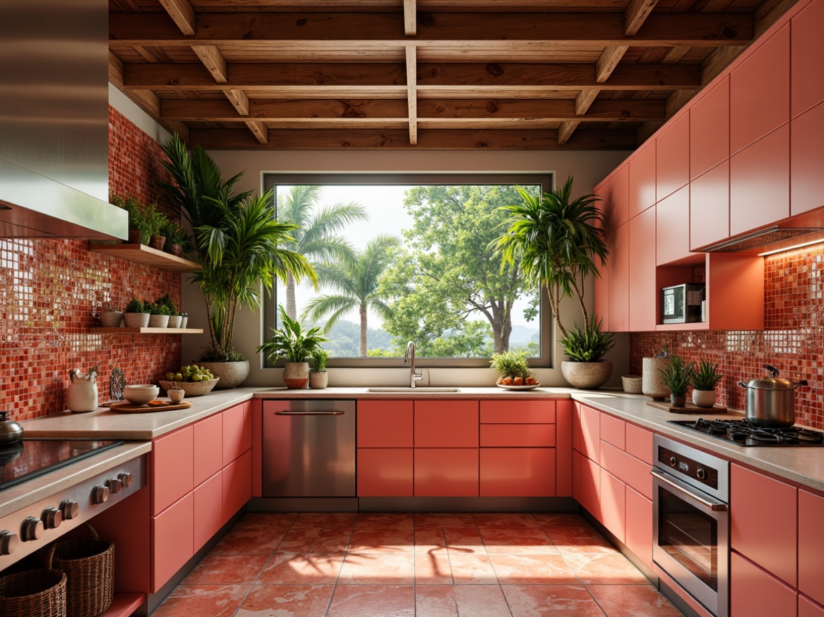 Prompt: Vibrant tropical kitchen, exotic island vibes, bright coral colors, natural stone backsplash, glossy ceramic tiles, iridescent glass mosaics, lush greenery, palm tree silhouettes, ocean-inspired patterns, metallic accents, warm LED lighting, 3/4 composition, shallow depth of field, panoramic view, realistic textures, ambient occlusion.