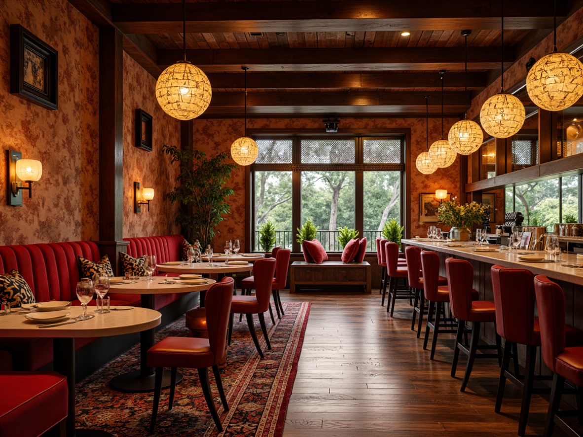 Prompt: Vibrant restaurant interior, rich velvet fabrics, ornate metallic accents, distressed wood textures, eclectic patterned rugs, luxurious marble countertops, bold geometric shapes, dynamic lighting fixtures, warm golden hues, intimate cozy atmosphere, soft focus blur, shallow depth of field, 1/2 composition, cinematic framing, dramatic shadows, high contrast ratio.