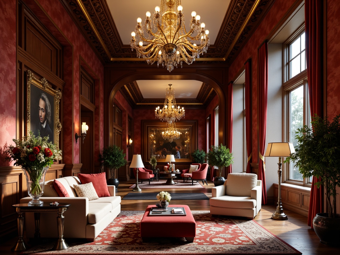 Prompt: Luxurious interior space, ornate chandeliers, intricately carved wooden furniture, velvet drapes, gold accents, marble floors, crystal vases, richly patterned rugs, plush couches, statement walls, bold color schemes, opulent textures, dramatic lighting effects, 3-point perspective composition, high-contrast rendering, warm atmospheric illumination.