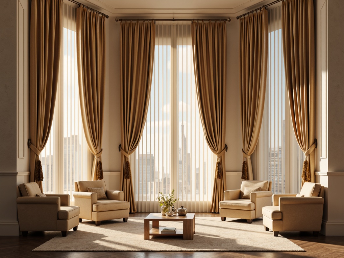 Prompt: Luxurious velvet drapes, soft silk fabrics, elegant floor-to-ceiling curtains, richly textured upholstery, subtle sheen finishes, warm beige tones, sophisticated neutral palette, modern minimalist interior, sleek metal rods, delicate tassel details, ornate crystal embellishments, dramatic ceiling heights, abundant natural light, warm golden lighting, shallow depth of field, 1/1 composition, realistic fabric simulations.