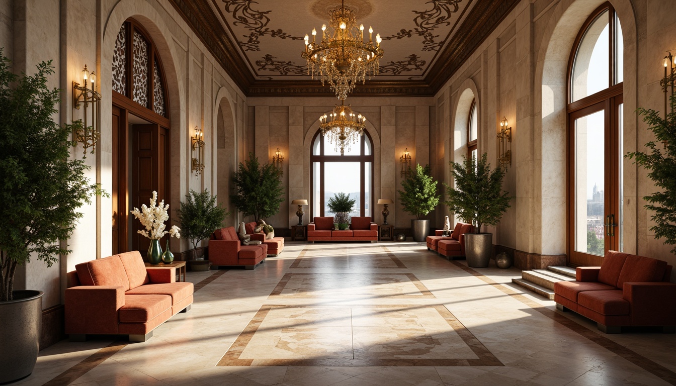 Prompt: Grand entrance hall, luxurious marble flooring, metallic accents, ornate chandeliers, plush velvet sofas, polished wooden doors, intricate stone carvings, ambient warm lighting, shallow depth of field, 1/1 composition, realistic textures, subtle normal mapping, detailed bump mapping, reflective metal surfaces, glossy paint finishes, soft fabric upholstery, natural stone walls, elegant glass railings, sophisticated color palette, morning sunlight, dramatic shadows.