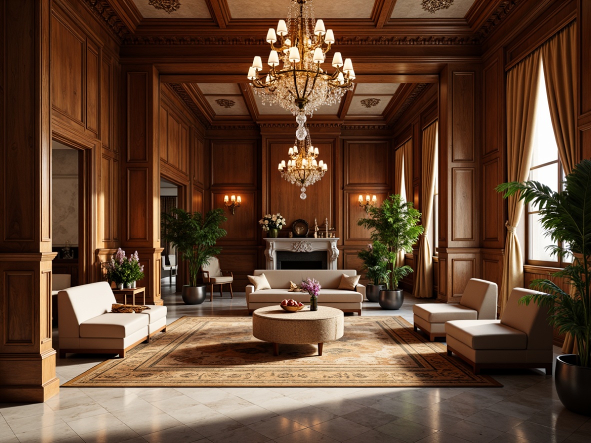 Prompt: Luxurious classic interior, ornate furnishings, rich wood tones, polished marble floors, inlaid patterns, intricate carvings, high ceilings, crystal chandeliers, lavish textiles, velvet drapes, antique furniture, warm golden lighting, soft focus, shallow depth of field, 1/1 composition, elegant atmosphere, sophisticated ambiance.