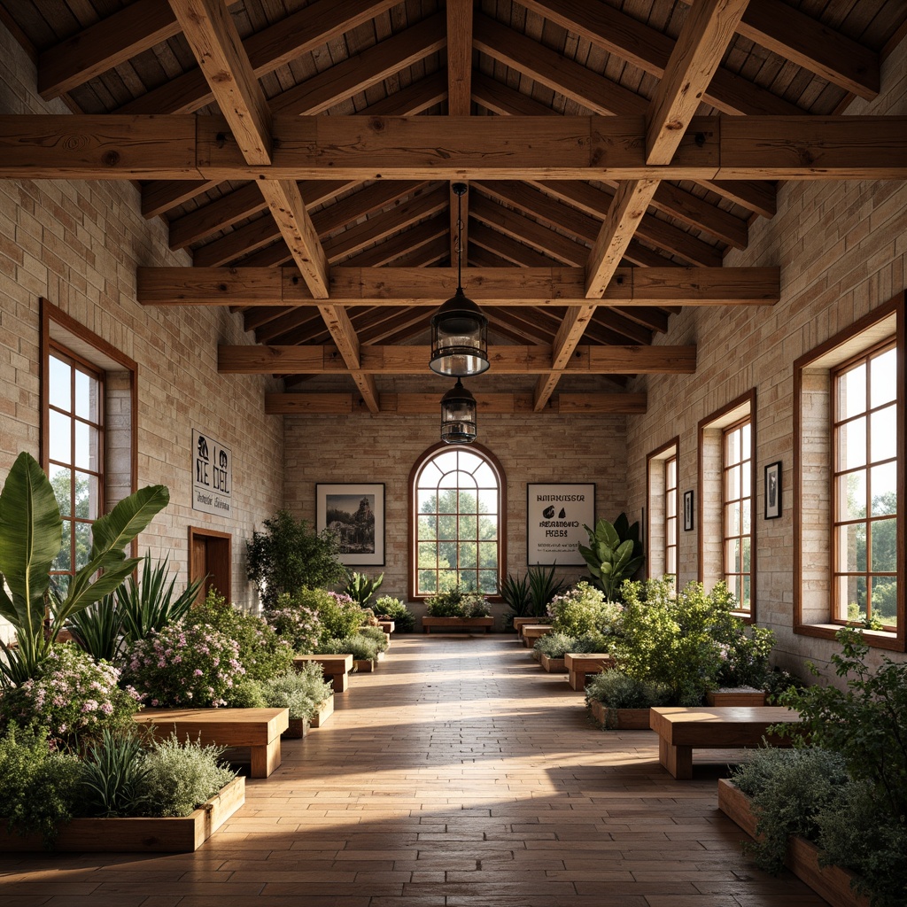 Prompt: Rustic high school, farmhouse style, exposed wooden beams, reclaimed wood accents, earthy tones, natural textures, vintage metal lanterns, distressed brick walls, modern agricultural equipment, greenhouses, educational signs, wooden benches, cozy reading nooks, warm soft lighting, shallow depth of field, 3/4 composition, panoramic view, realistic textures, ambient occlusion.